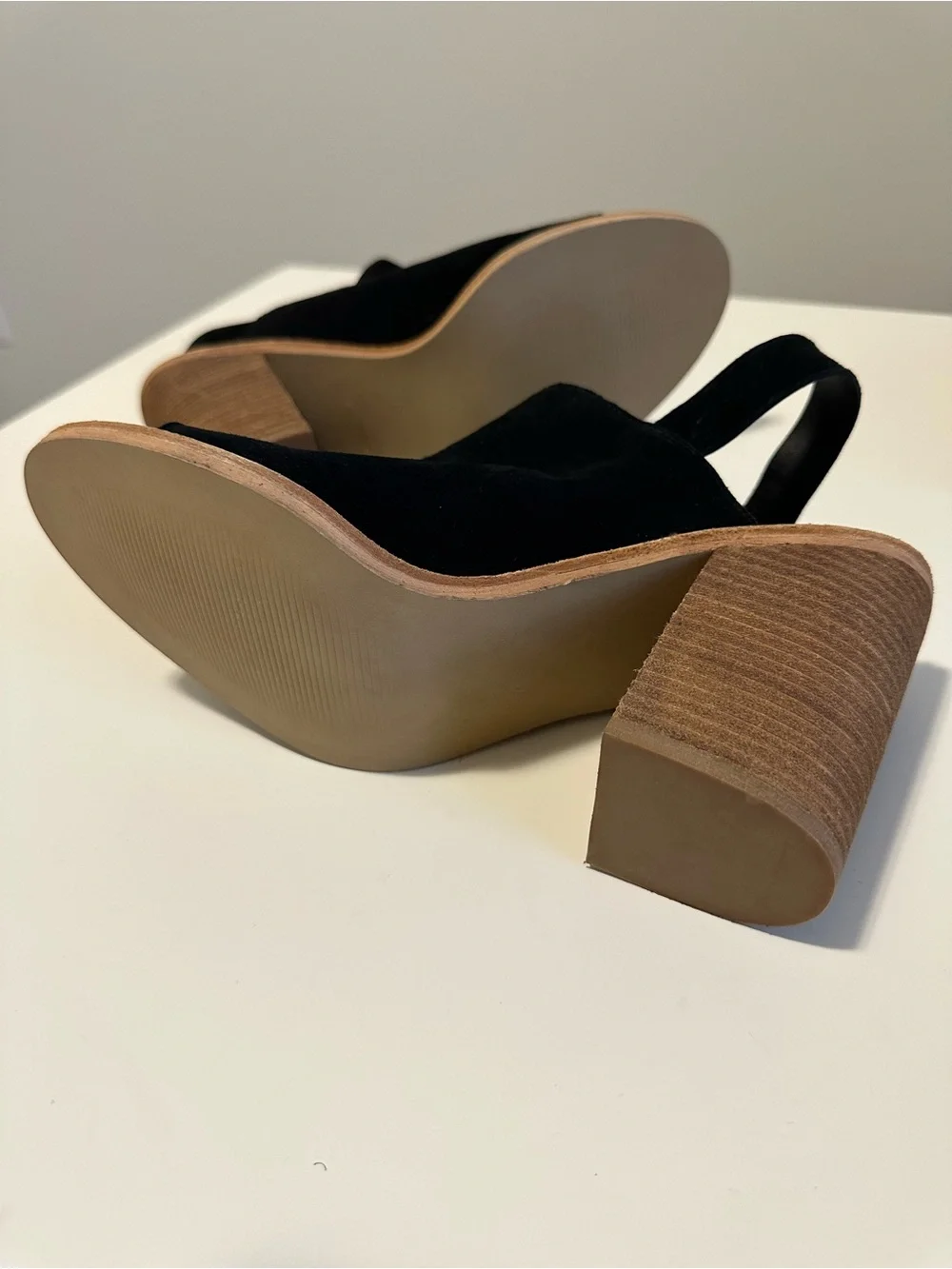Steven Madden Black Suede Peep Toe Slingback Heels | Wood Block Heels | - Picture 11 of 14